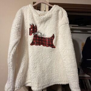 Scottie Dog Sweater Time And Tru‎ XL Ivory Sherpa Sequin Pullover Knit